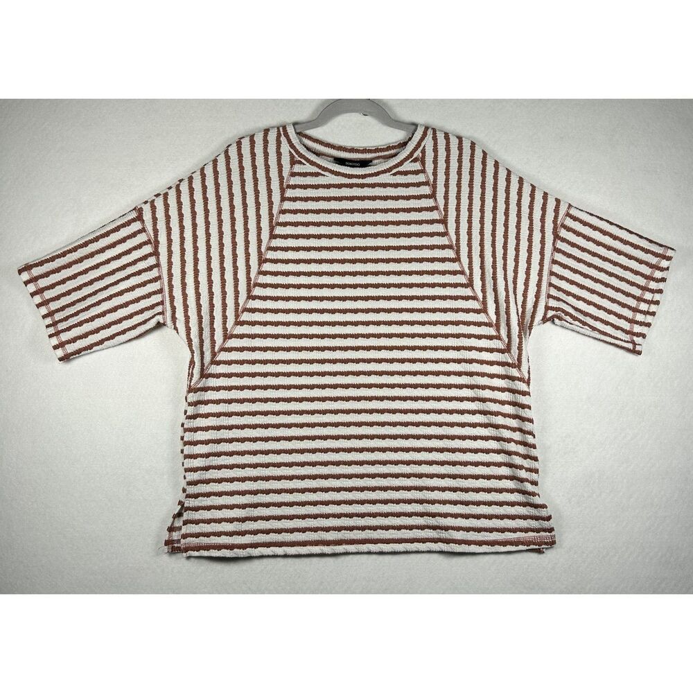 Ribbed Knit Striped Oversized Dolman Tee in Rust & Cream, Size Large